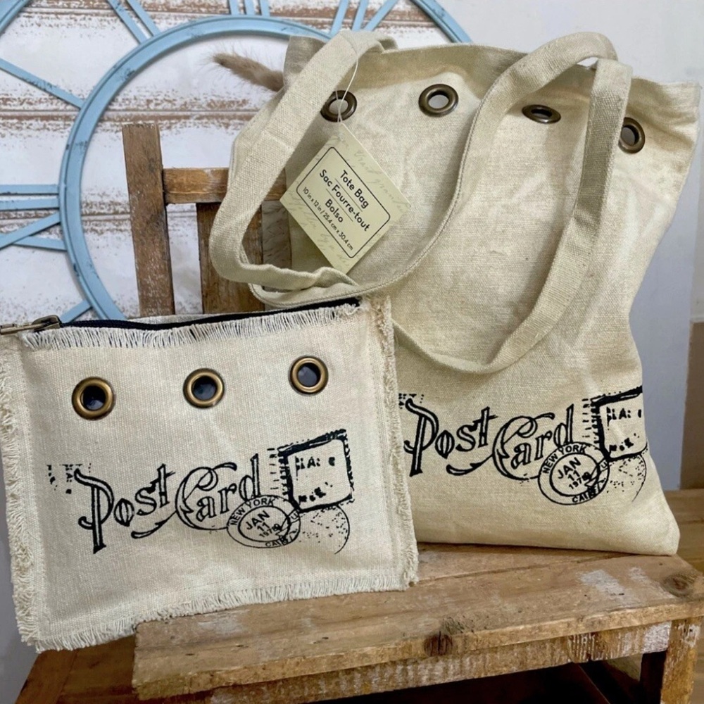 Natural Threads Canvas Postmaster Artsy Tote Bag W/Matching Pouch NWT